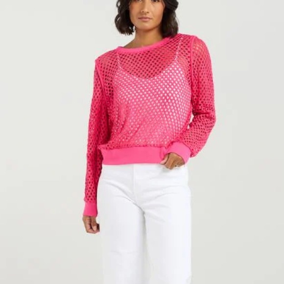 Vibrant Hot Pink Mesh Sweater with shoulder pads - Picture 2 of 5